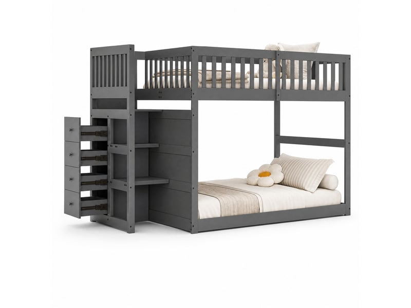  Lit superposé enfant bas 140 x 200 cm gris en bois, escalier à 4 tiroirs et barrière haute de sécurité  - Conforama A