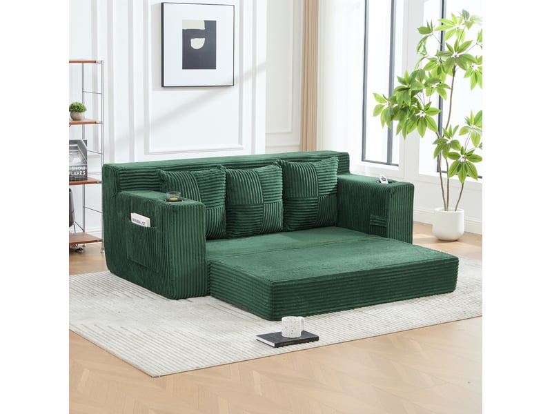  Canapé modulable 3 places modenvie en velours côtelé vert émeraude avec porte-gobelets et poches latérales 172 x 87 x 64 cm  - Conforama B