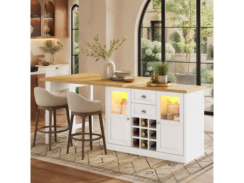 Table à manger extensible pivotante à 360° avec rangement, led et casier à vin - lpospi - mdf blanc - Conforama B