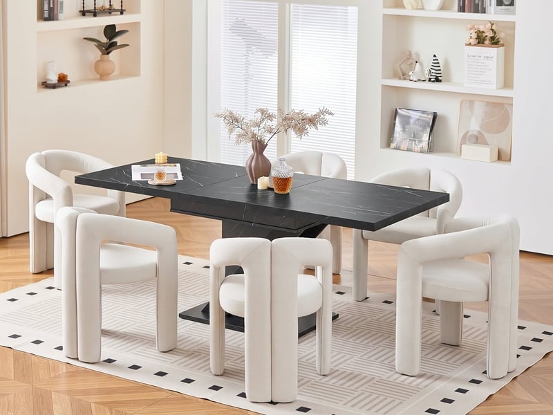 Ensemble table + 6 chaises salle à manger, table extensible effet marbre noir 110-140x80 cm, chaises chenille avec accoudoirs, moderne minimaliste - Conforama B