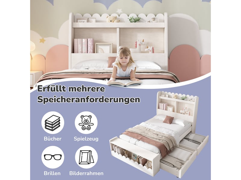 Lit enfant avec tiroirs et rangement, lit coffre 90x200 en bois blanc et chêne clair avec banc intégré et étagères, sommier à lattes - Conforama W