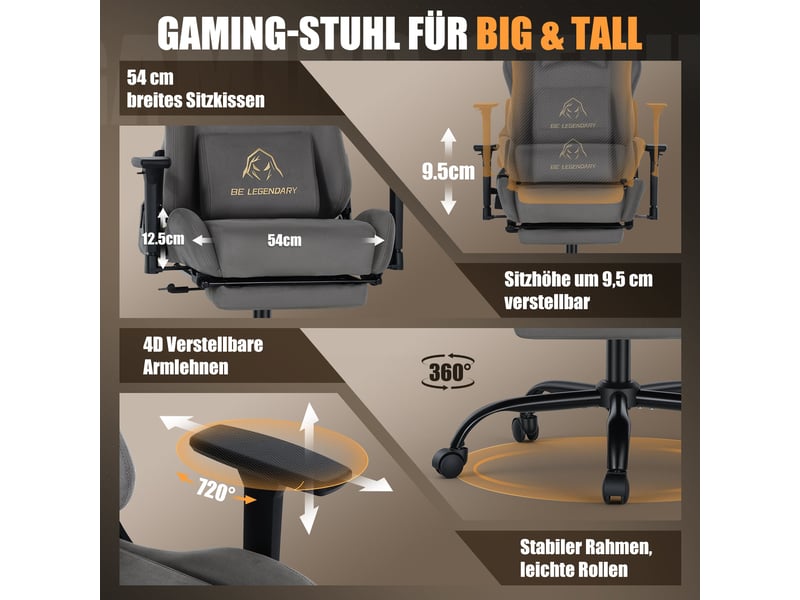  Chaise gaming ergonomique - avec repose-pieds - accoudoirs réglables 4d - dossier inclinable réglable de 90 à 135° - assise à ressorts ensachés - charge maximale 136 kg, gris  - Conforama E