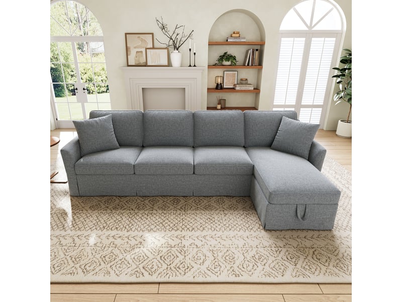  Canapé d'angle 4 places 274x128.5x83 cm rangement intégré assise à ressorts tissu effet lin mobilier de salon gris OPULERANE TRADING LTD - Conforama B