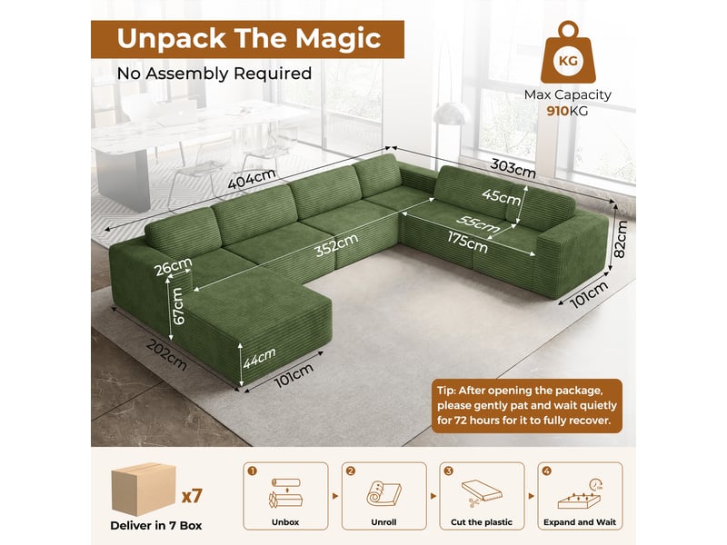  Canapé modulaire panoramique 7 places ouvert à gauche,velours côtelé,1 pouf,canapé compressé pour grand salon,404x303x82cm,vert 404x303x82CM - Conforama C