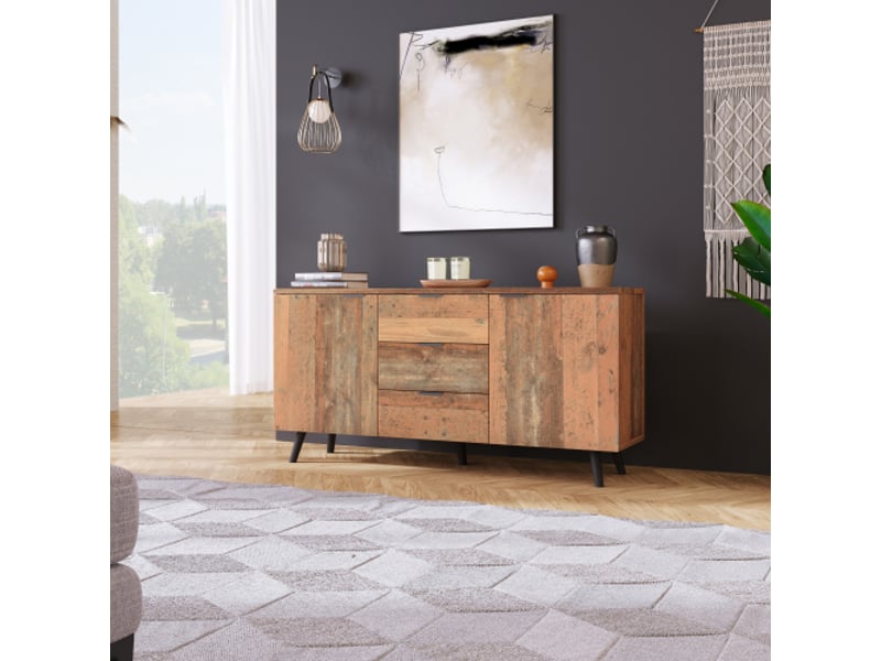  Buffet meuble tv vintage marron 140cm, étagères réglables, 3 tiroirs, armoire verticale, commode de rangement polyvalent  - Conforama B
