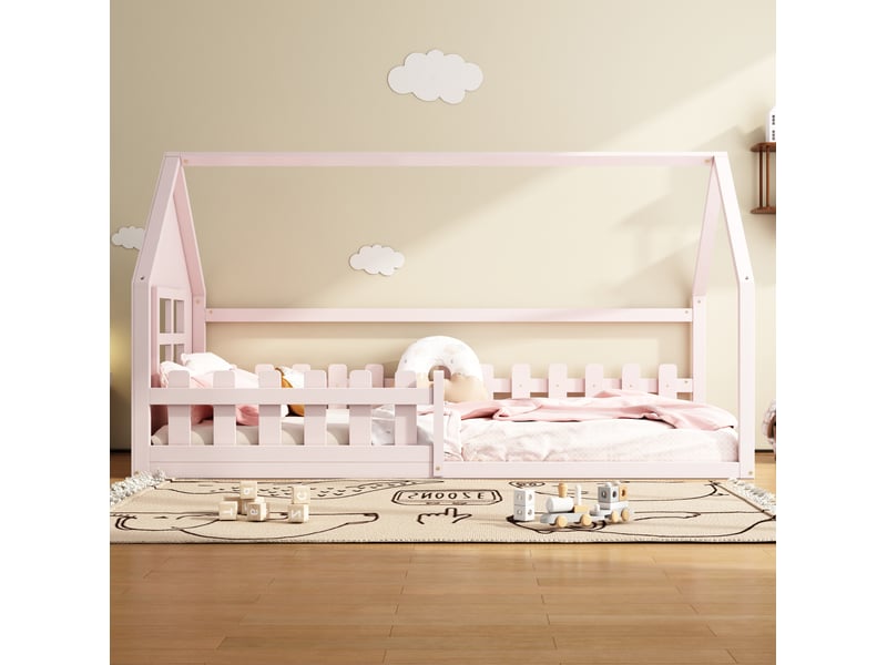  Modenvie lit enfant cabane 90x200 cm - en pin et mdf, avec sommier à lattes - pour chambre d'enfant - rose  - Conforama D