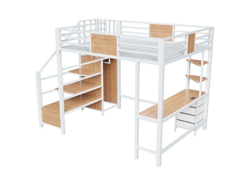 Lit mezzanine 140x200 cm en métal avec bureau, penderie, étagères, led et prise européenne, blanc Fay Lum - Conforama W