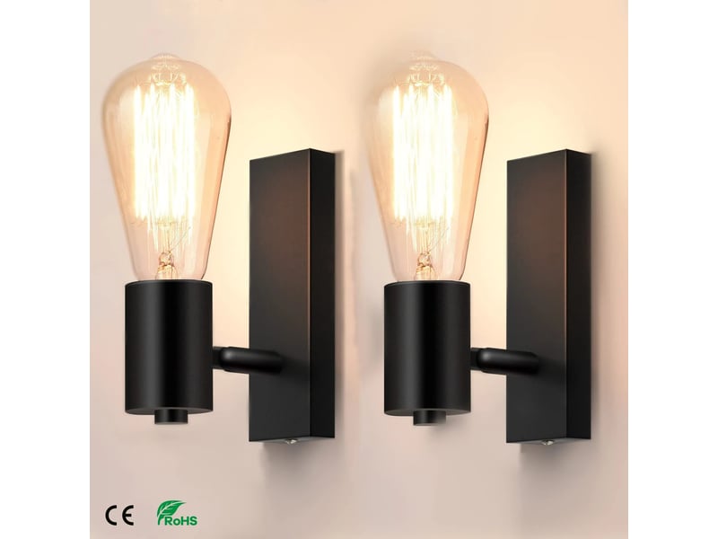  Lot de 2 appliques murales industrielles noires e27, spots muraux orientables et rotatifs pour chambre, salon et cuisine, noir, avec ampoule  - Conforama A