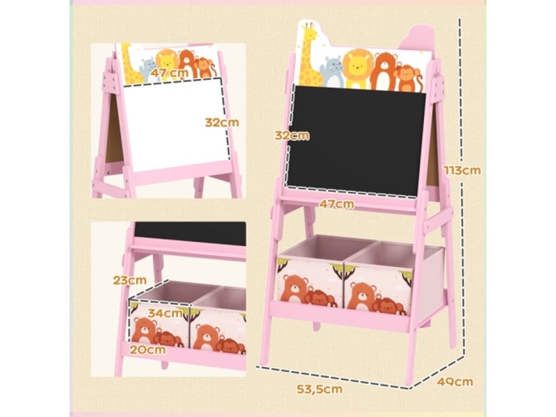 Chevalet enfant 2 en 1 rose, tableau blanc, tableau noir, boîtes de rangement, 3-8 ans  - Conforama C