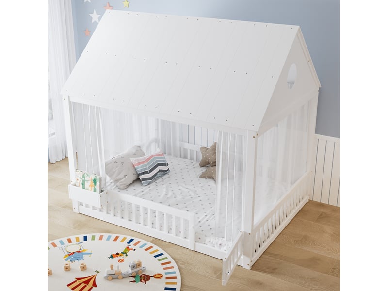  Lit cabane enfant 140x200 cm en bois et mdf avec rideaux blancs et rangement  - Conforama B