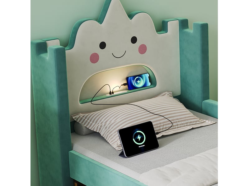  Lit enfant 90x200 cm avec tête de lit nuage, avec lampe led usb et tiroir de rangement, bois, bleu-vert, sans matelas  - Conforama E