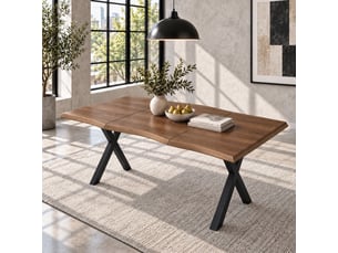 Table à manger 160x78x75 cm pour 4 à 6 personnes, plateau épais 28 mm à bord ondulé, table de salle à manger avec pieds en x métalliques, noyer
