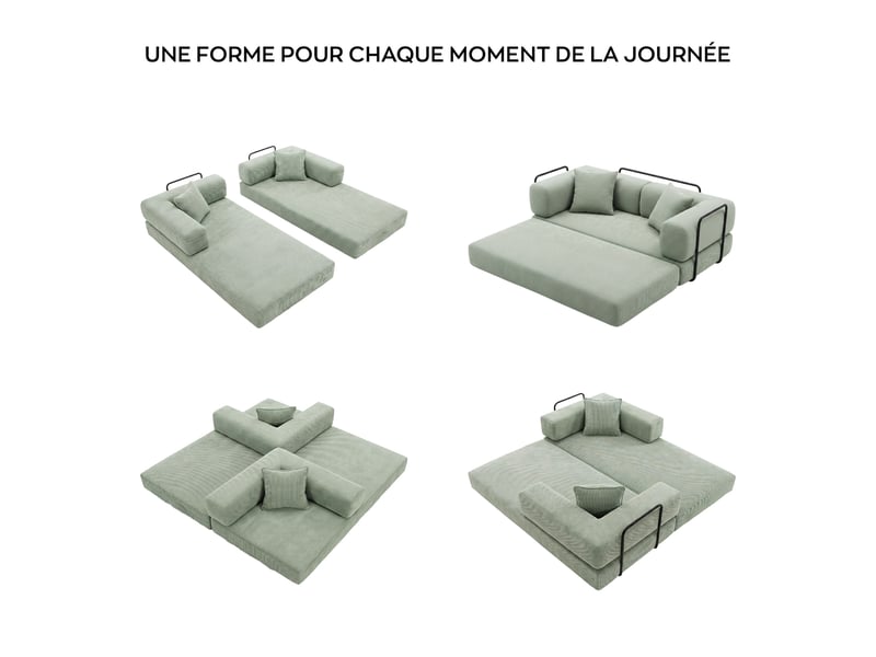  Sey - canapé-lit pliant 180x72x90 cm convertible 4 en 1 avec coussins et housse en tissu lavable couleur sauge  - Conforama D