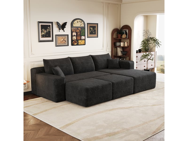  Canapé d’angle modulable 5 places en velours côtelé 241x151 cm, canapé nuage en l à assise profonde avec méridienne, sans montage, noir  - Conforama B