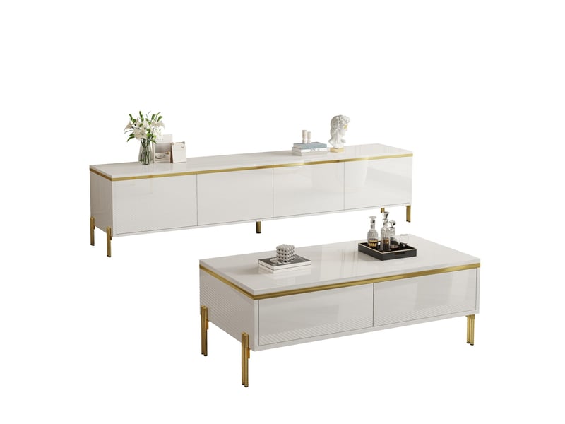  Meuble tv et table basse, 170x38x50 cm et 100x50x36 cm, rangements, panneaux de particules, blanc et doré  - Conforama A