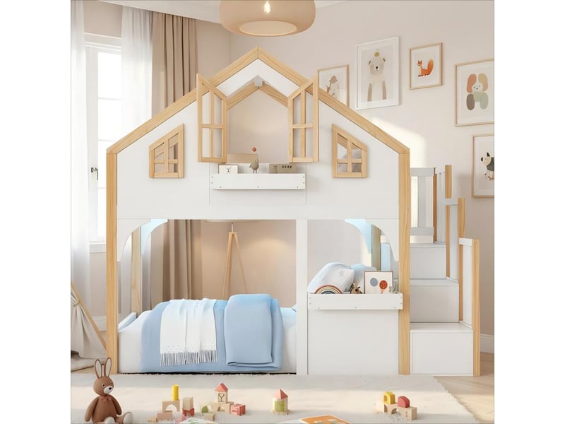 Lit superposé enfant 90x200 en bois avec escalier de rangement et éclairage led - blanc et nature - Conforama R