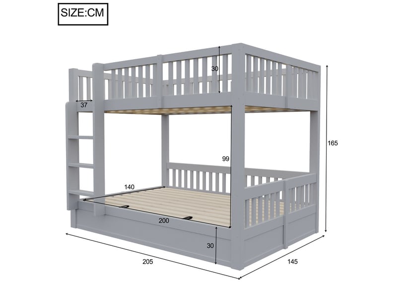  Lit superposé enfant 140x200, avec coffre hydraulique robuste, rangement intégré, gris  - Conforama C