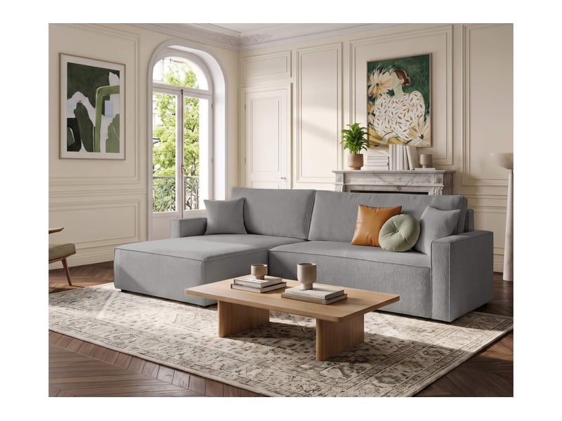  Farah - canapé d'angle max réversible et convertible 5 places accoudoirs slim en tissu bouclettes texturées  - Conforama B