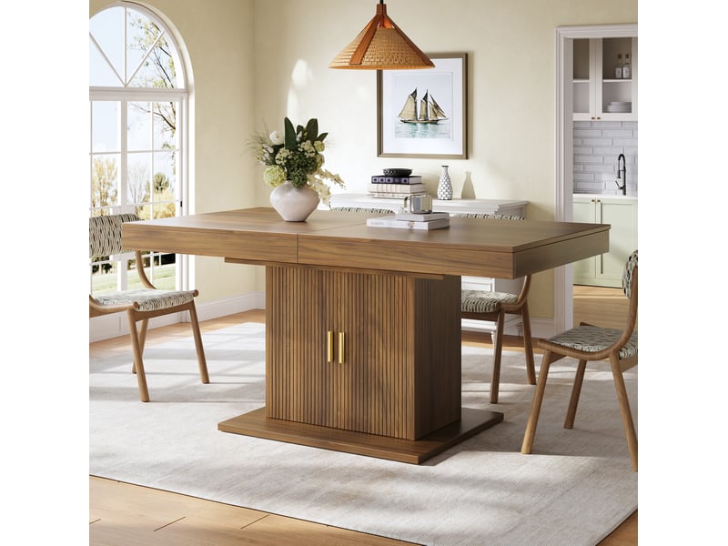 Table à manger extensible 140-180x90x75.2 cm, panneau de fibres et cadre métal finition marron, avec rangement intégré et portes rainurées verticalement - Conforama E