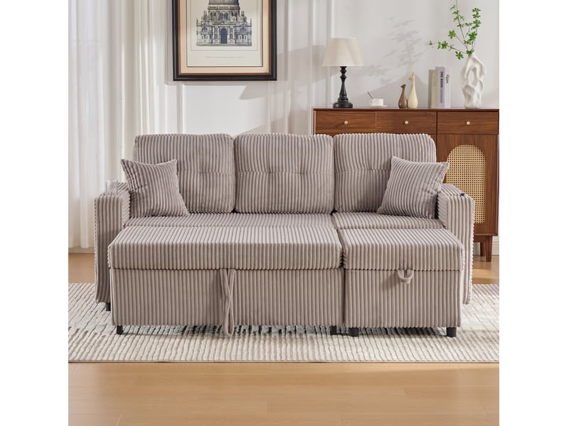  Canapé 3 places 196x82–144x85 cm lumières led prise usb‑c intégrée coussins moelleux velours côtelé gris clair  - Conforama D