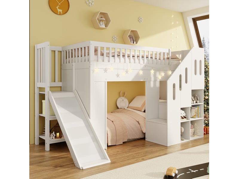  Lit mezzanine enfant, 90x200 cm, avec toboggan, escalier aménagé, led, matelas non inclus, pin et mdf, coloris blanc  - Conforama B