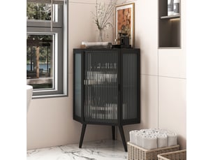 Meuble bas d'angle 56 x 42,5 x 80 cm – noir – 2 portes en verre trempé et rangement à 2 niveaux