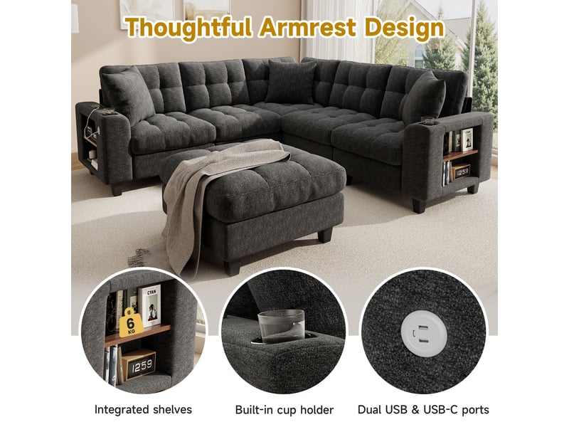 Canapé d'angle modulable xxl 6 places en ul, pouf mobile, accoudoirs bibliothèque, usbtype-c, chenille gris - Conforama E