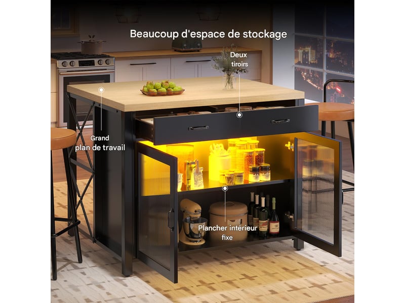  Îlot de cuisine table de bar avec rangements mdf et verre noir 100x80x90 cm - pangivo  - Conforama D