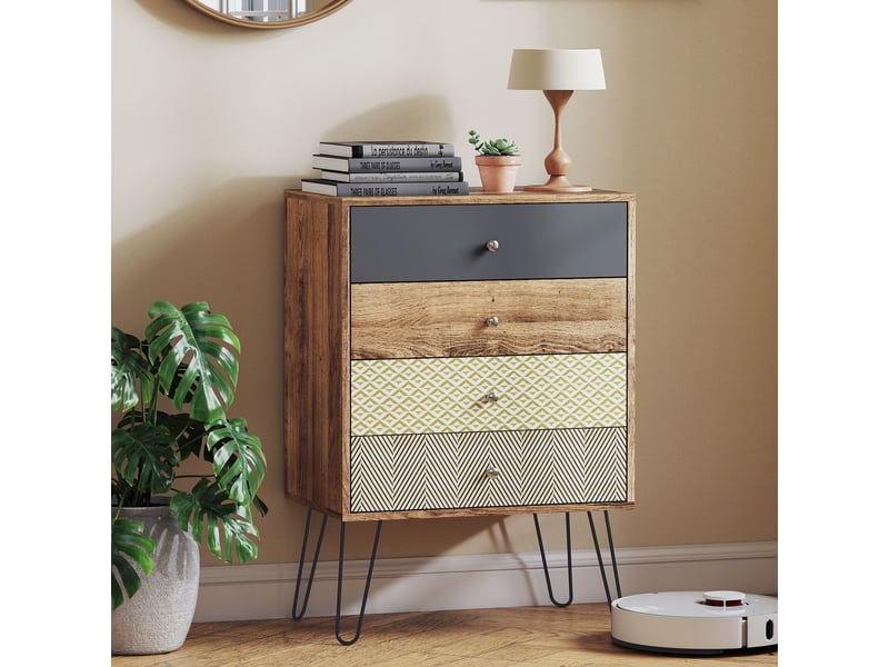  Commode à 4 tiroirs, pieds épingle en acier, style bohème, 60 x 39 x 86 cm, multicolore  - Conforama D
