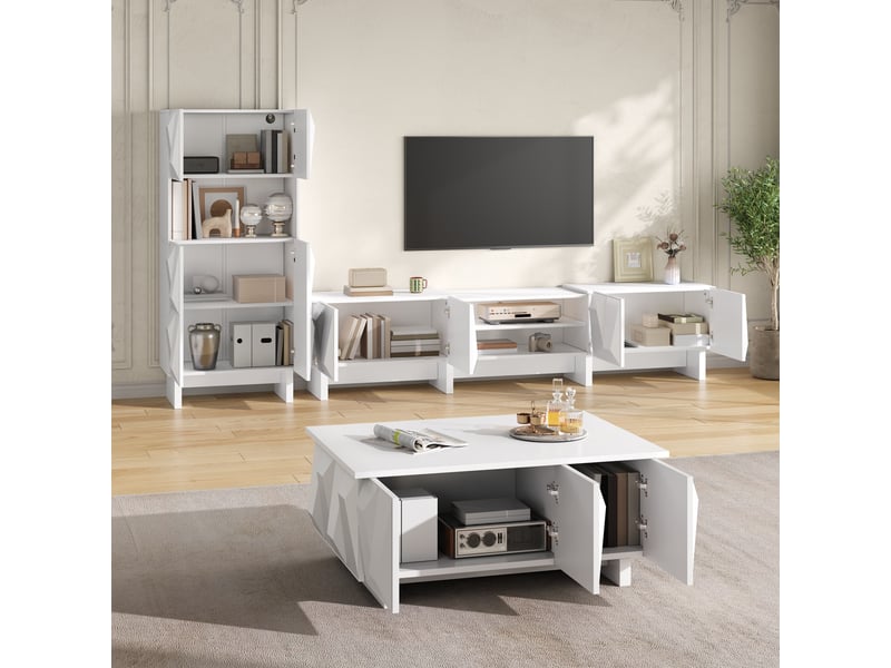  Meuble tv - ensemble de meubles de salon avec façade 3d, meuble tv bas, vitrine et table basse, blanc  - Conforama C