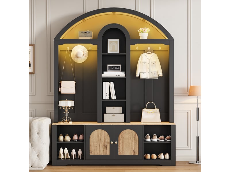  Lit superposé 90x200 cm avec fenêtre et étagères, bandeau led, coffre en bois massif toute hauteur avec barrière de sécurité couleur bois, 140x70 cm  - Conforama B