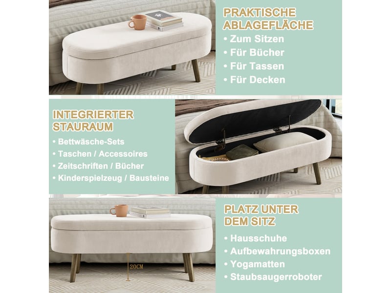  Banc coffre en chenille et bois massif beige 110×40×42 cm, rangement 20 l, forme arrondie, pieds en bois  - Conforama D