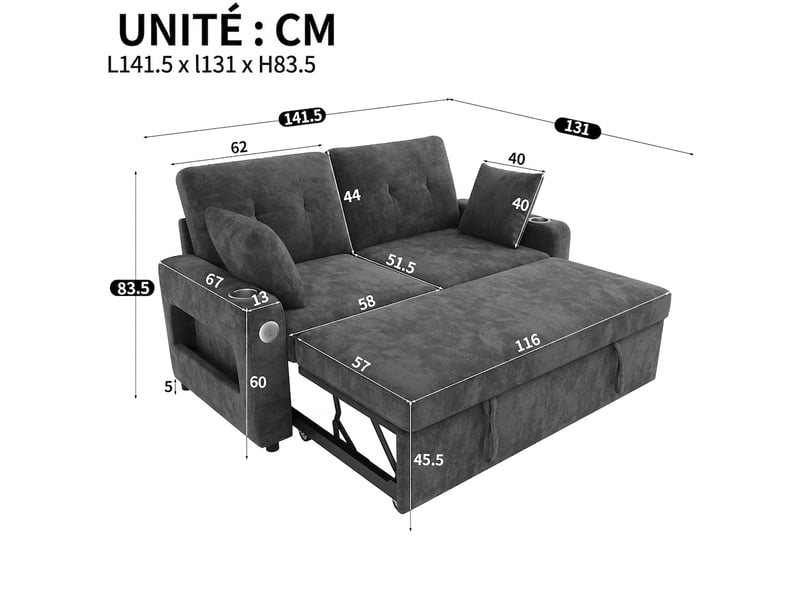  Korfee canapé convertible 2 places gris - canapé lit moderne avec led, port usb, porte-gobelet &amp; rangement - 141x131x83.5 cm  - Conforama C