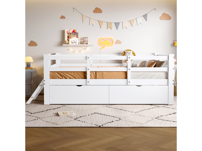  Lit enfant 200×90 cm avec barrières de protection et 2 tiroirs, en bois et mdf blanc  - Conforama C