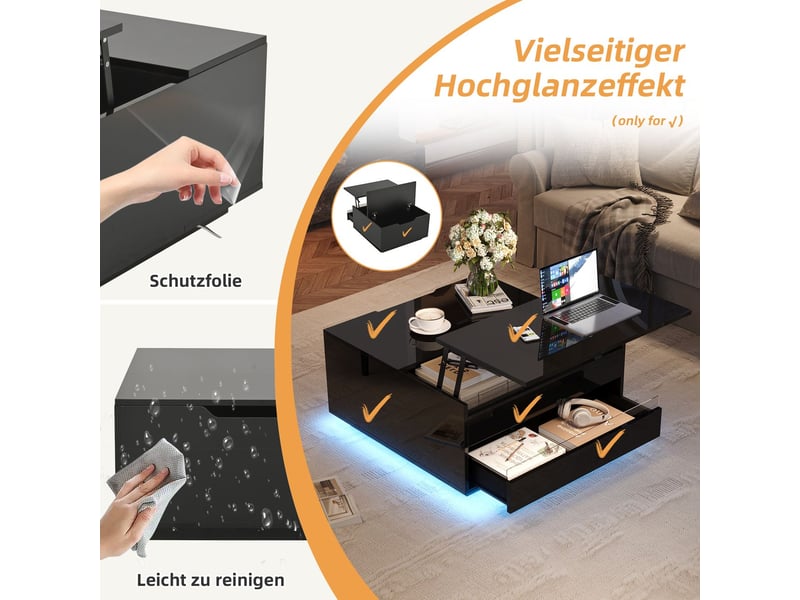  Table basse salon 70x70x38 cm - plateau relevable - led rgb contrôlée par app - design moderne noir brillant avec rangement  - Conforama E