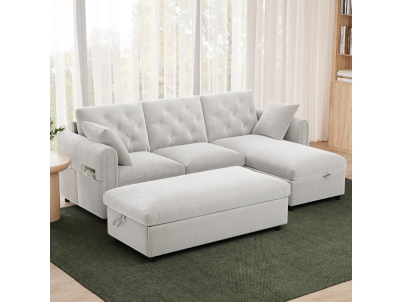 Canapé velours beige 2-en-1: chaise-longue + ottoman rangement réversible, accoudoirs avec poches, capitonné - Conforama D
