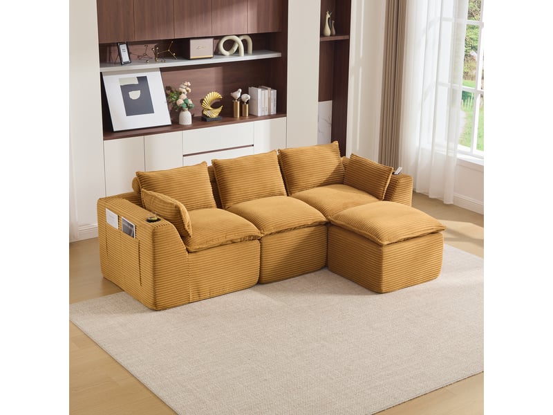  Canapé modulable 3 places 256x161x75 cm avec pouf, porte-gobelet, 2 poches latérales, assise à ressorts, velours côtelé orange Radiant Stride - Conforama B