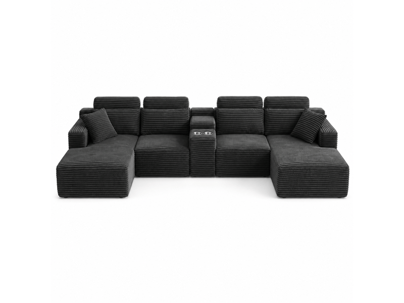  Canapé modulable en u 372 cm, canapé panoramique en velours côtelé, assise profonde, 2 porte-gobelets intégrés  - Conforama A