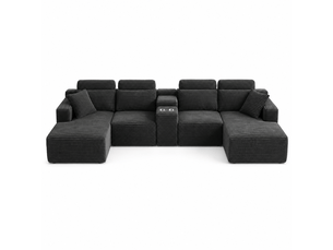 Canapé modulable en u 372 cm, canapé panoramique en velours côtelé, assise profonde, 2 porte-gobelets intégrés