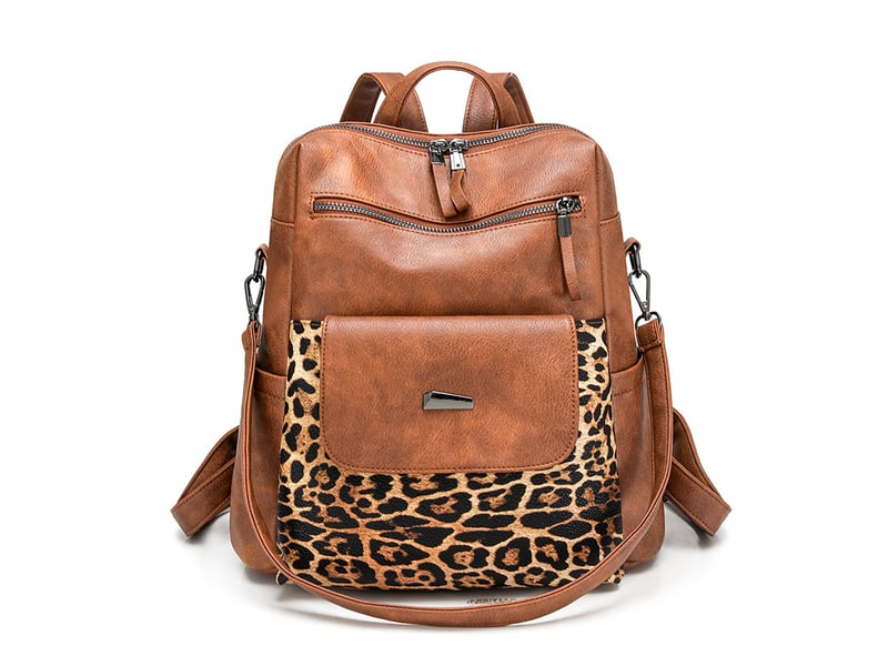  Sac à dos femme en cuir, petit format – imperméable, anti-vol, bandoulière pour ladies-marron + imprimé léopard  - Conforama A