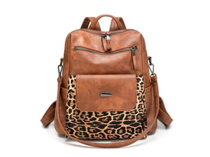 Sac à dos femme en cuir, petit format – imperméable, anti-vol, bandoulière pour ladies-marron + imprimé léopard