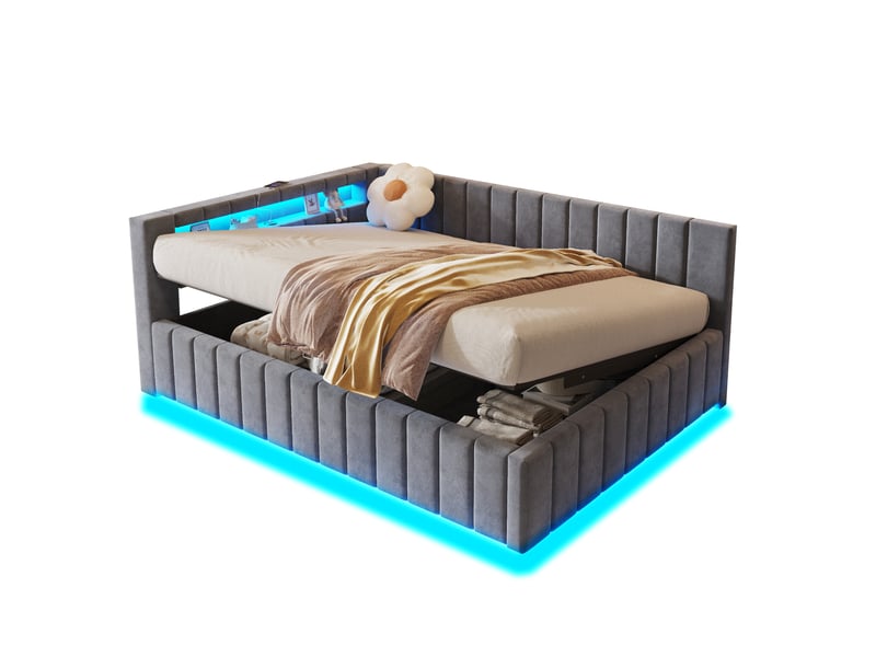 Lit double 140x200 cm coffre hydraulique, led usb, tête de lit velours, cadre à lattes, mdf, gris sans matelas  - Conforama A