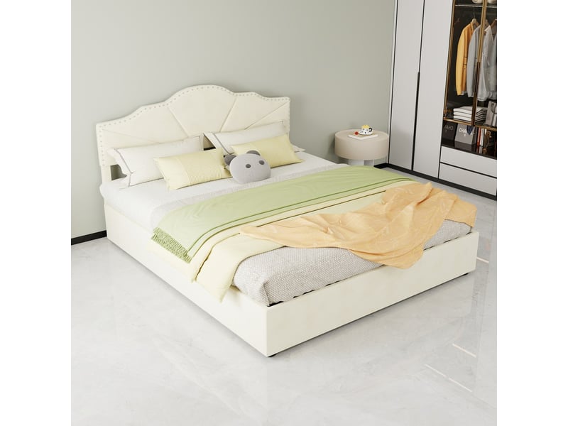 Lit coffre moderne minimaliste avec tête de lit rembourrée beige 160x200cm sommier coffre haut avec vérin pneumatique matelas inclus - Conforama D