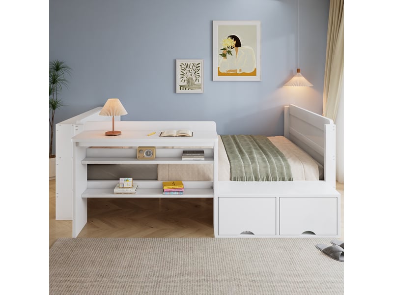 Lit enfant en bois 120x200 cm avec bureau intégré, rangements latéraux, étagère avant et module réversible, lit ado avec espace de travail - blanc - Conforama E