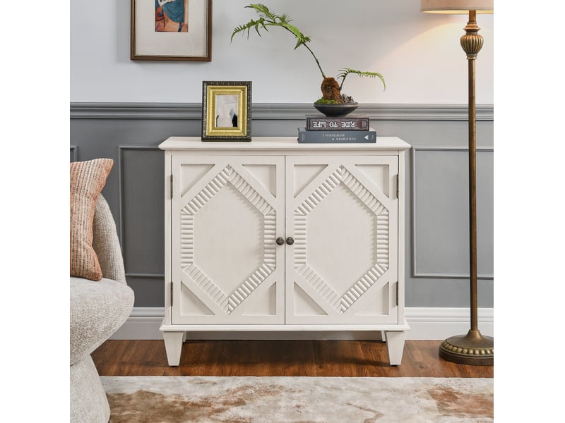  Buffet vitrine rétro 85,3x40 cm avec portes vitrées symétriques, rangement et détails géométriques, mdf et bois massif, blanc antique  - Conforama B