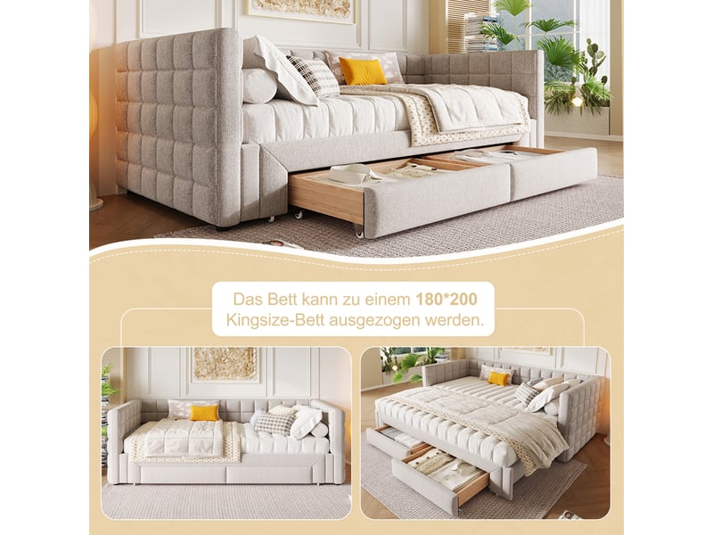  Lit banquette extensible 90x200 cm en velours beige avec 2 tiroirs - transformable 180 cm  - Conforama D