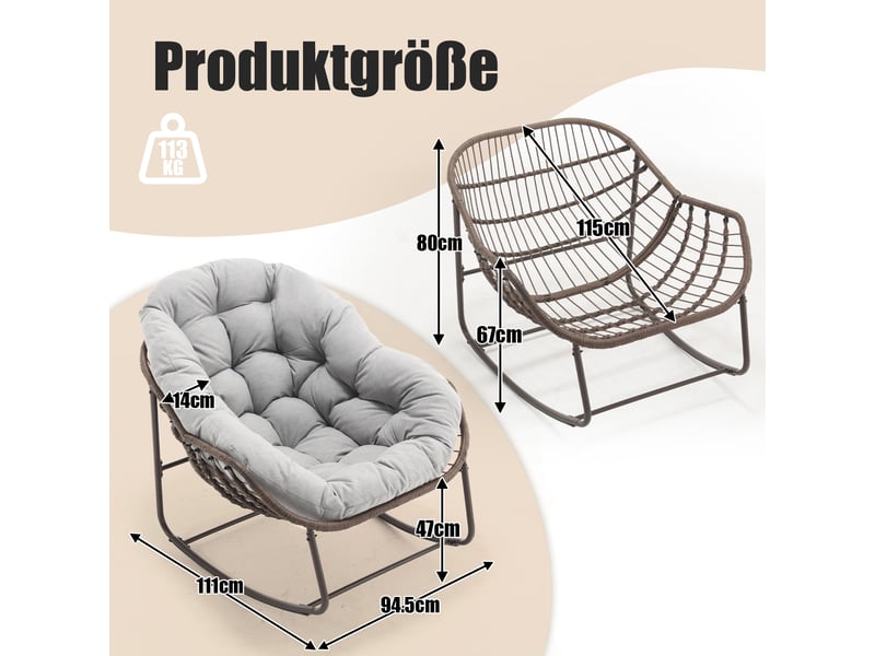  Cocon - lot de 2 fauteuils à bascule en rotin naturel – forme œuf et coussins gris clair – confortable pour salon, véranda ou chambre  - Conforama C