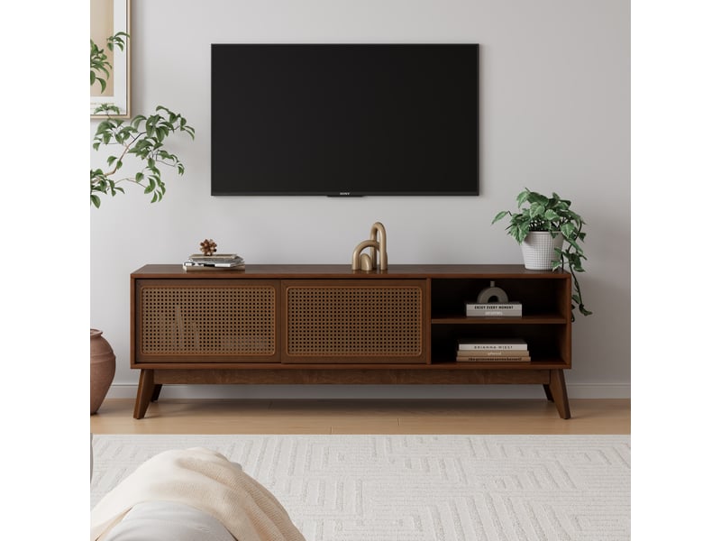  Meuble tv 150 cm pour téléviseur jusqu'à 65 pouces, mdf, rotin, noyer foncé  - Conforama E