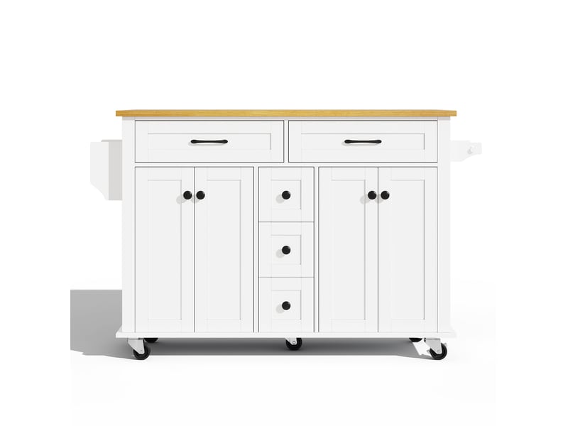  Desserte de cuisine 140x65x89 cm blanc et naturel en mdf, plateau rabattable, 5 tiroirs et 2 placards  - Conforama D
