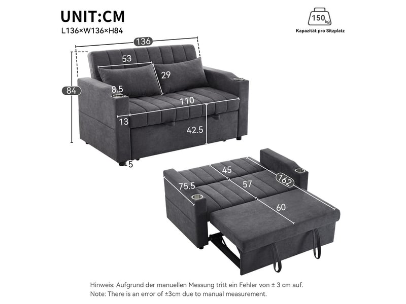 Canapé droit convertible,2 places,avec de porte-gobelets, dossier réglable,136 x 162 x 84 cm,gris  - Conforama C